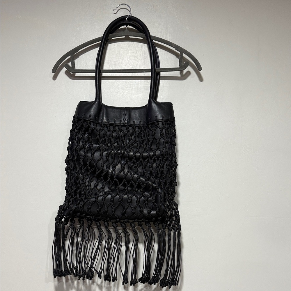BCBG Chic Black Fringe Knit Tote Bag